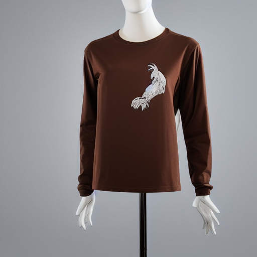 Vintage style long sleeve brown t shirt with a chicken graphic, worn by a headless store display mannequin, natural daylight, 45mm lens, 4k, clean, high quality material