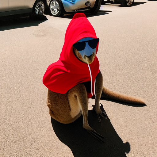 a kangaroo, wearing sunglasses, wearing a red hoodie