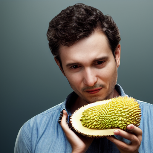 photo of a man wearing a durian on its head.  photorealistic, 8k.