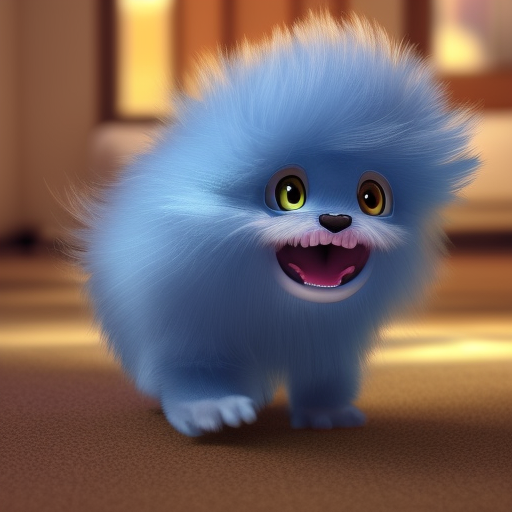 A 3d render of a cute tiny little fluffy monster running in a huge bedroom, antview, bokeh, closeup, highly detailed, 8K, stunning, hdr, subsurface scattering, global illumination, film still, Film-like, bokeh, 3d, center, look forward