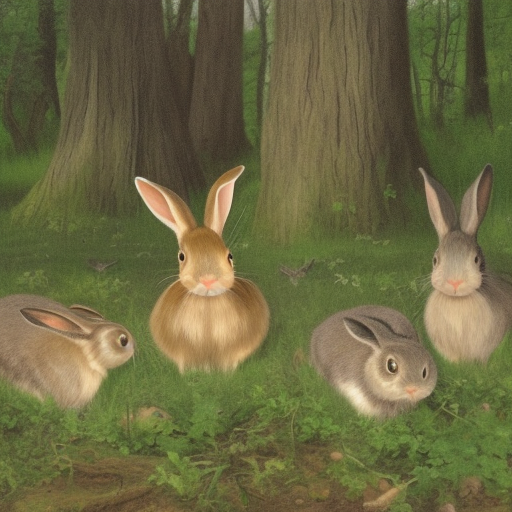group of rabbits  living in harmon in the green forest