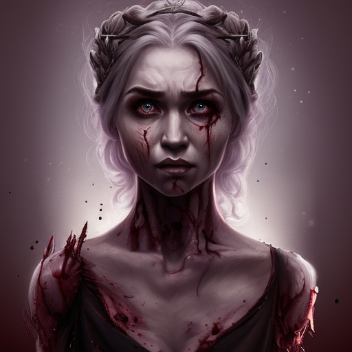 a zombie Daenerys, by WLOP, horror, wounds, bloody, dark fantasy, trending on artstation