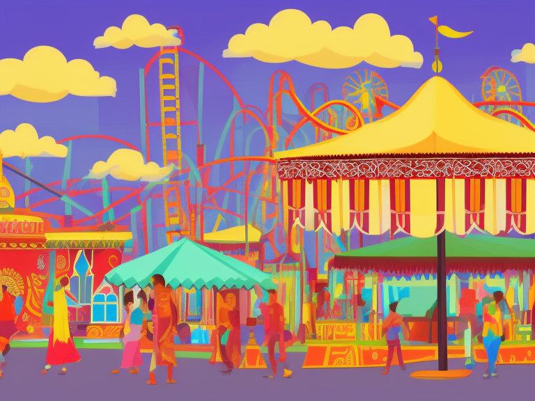 empty indian mela scene, many stalls, many rides and roller-coaster behind in background, vector art , sunny background, perspective, interesting
