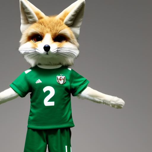 mascot of a fennec in green outfit holding a soccer 
