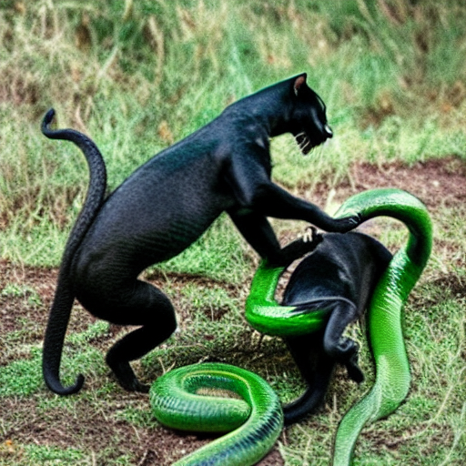 A black panther tackles a green 
snake