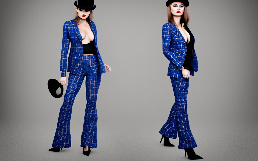 very realistic full body and portrait female fashion model dressed in blue plaid suit with flares and black bowler hat and black stilettos
