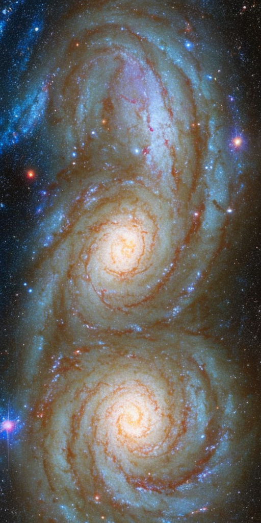 a 3d rendering of a Beautiful spiral galaxy NGC 6744 is nearly 175,000 light-years across, larger than our own Milky Way. It lies some 30 million light-years distant in the southern constellation Pavo, its galactic disk tilted towards our line of sight. This Hubble close-up of the nearby island universe spans about 24,000 light-years across NGC 6744's central region in a detailed portrait that combines visible light and ultraviolet image data. The giant galaxy's yellowish core is dominated by the visible light from old, cool stars. Beyond the core are pinkish star forming regions and young star clusters scattered along the inner spiral arms. The young star clusters are bright at ultraviolet wavelengths, shown in blue and magenta hues. 