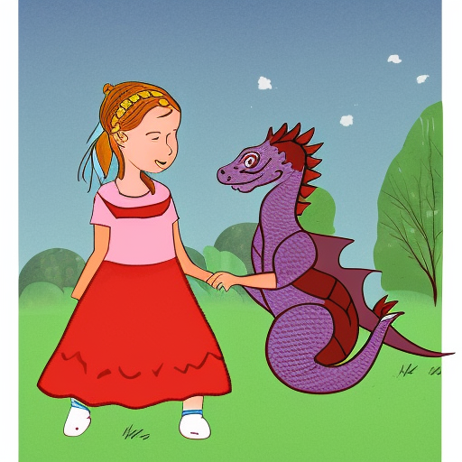 an illustration of a girl and he pet dragon, in children book style