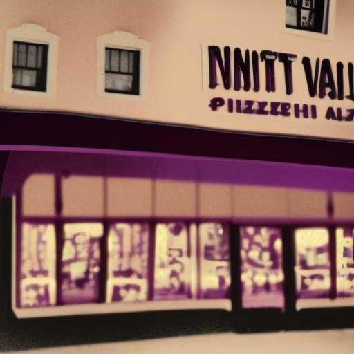 low angle wide shot of desert city Night Vale pizzeria, with blurred figures in dark hoodies, in the lilac sunset, lomography, polaroid photo, by Warhol