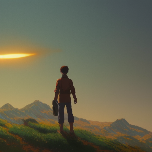 a highly detailed matte painting of a man on a hill watching a rocket launch in the distance by studio ghibli, makoto shinkai, by artgerm, by wlop, by greg rutkowski, volumetric lighting, octane render, 4 k resolution, trending on artstation, masterpiece
