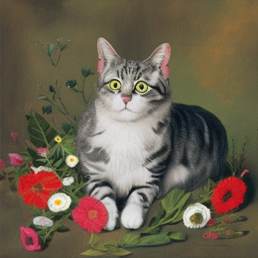 a cat made of flowers, with fine lines