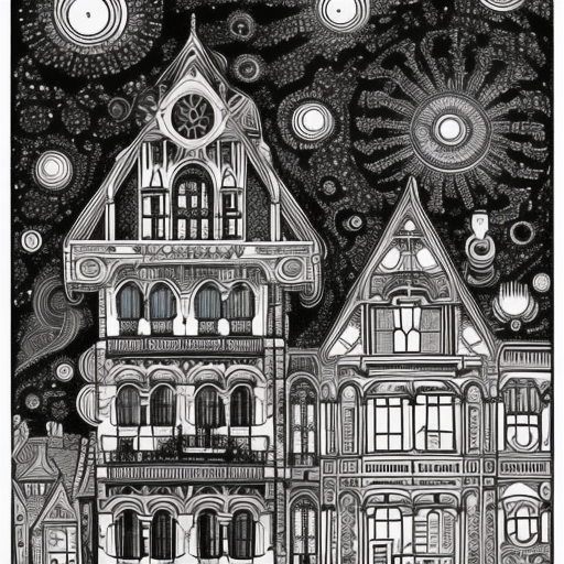 Create a sci-fi Victorian cityscape inspired by Louis Wain's artwork from 1920, using the golden ratio as a guide for the composition. Use sharp linework and clean strokes to create sharp edges and emphasize the geometric elements of the scene. Keep the colors flat and use cell shading, inspired by the style of Moebius and Jean Giraud, to give the image a graphic, comic-book-like quality.8k 