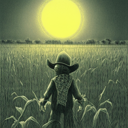 Scarecrow in a field of corn at night Engraving by Craig Davison
