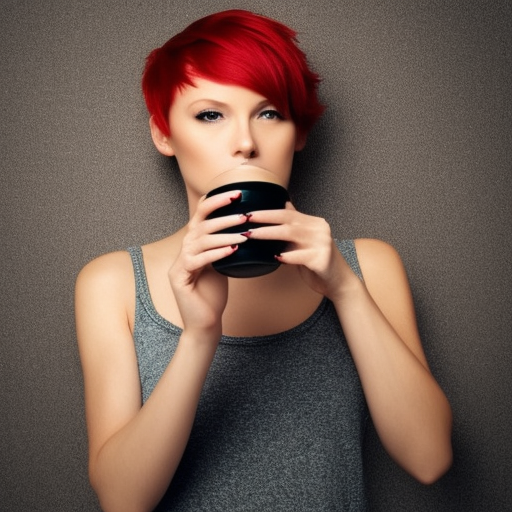 Woman with short red hair drink a coffee 