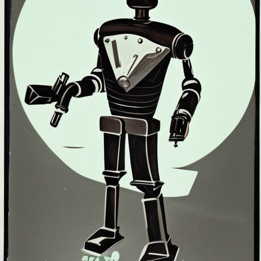 a 1950s pulp sci-fi robot carrying a revolver