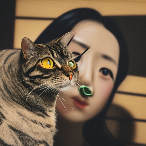 a black hair girl with green dark eyes and a tabby cat ultra-realistic portrait cinematic lighting 80mm lens, 8k, photography bokeh Ukiyo-e Japanese woodblock