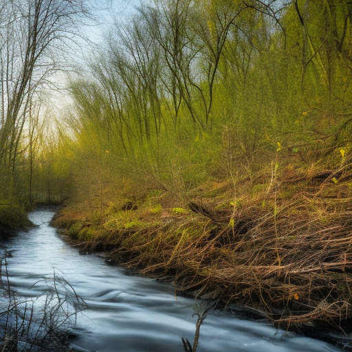 distant future, the sun goes out, the earth freezes, landscape: river bank with undersized vegetation, photography, HQ