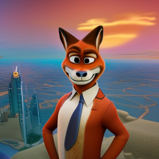 /image_gen a Nick Wilde in front office of the Dubai and sunset