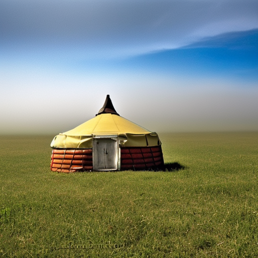 day, yurt, in the steppe, summer field, misty background