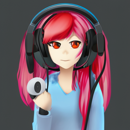 Gamer girl logo that says Luna. With gamer girl that has bright red hair in a bun, and little devil horns on her gaming headset. High quality Anime art style