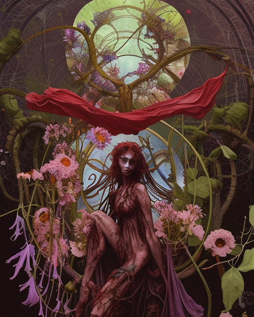 the platonic ideal of flowers, rotting, insects and praying of cletus kasady carnage davinci dementor chtulu mandala ponyo dinotopia the witcher, fantasy, ego death, decay, dmt, psilocybin, concept art by randy vargas and greg rutkowski and ruan jia and alphonse mucha