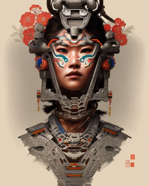 portrait of a machine from horizon zero dawn, machine face, decorated with chinese opera motifs, asian, asian inspired, intricate, elegant, highly detailed, digital painting, artstation, concept art, smooth, sharp focus, illustration, art by artgerm and greg rutkowski and alphonse mucha, 8 k