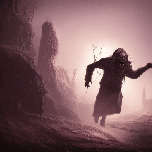 Vladimir Putin running away from an old and ugly witch, dramatic lighting, hyperrealistic, stylized, fine details, digital painting, trending on Artstation, dark fantasy environment, neon-colored, detailed textures, horror-inspired, cinematic lighting.