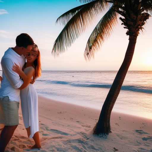 Create an image of a beautiful beach scene, with crystal clear water and white sand. Include a couple in love embracing, with a breathtaking sunset in the background. ultra-realistic portrait cinematic lighting 80mm lens, 8k, photography bokeh