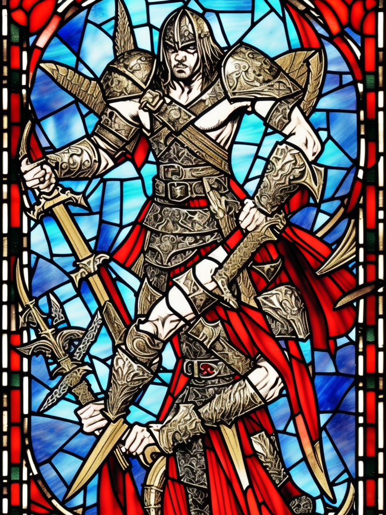 a young evil satanic triumphant gladiator with a sword, Warhammer fantasy, stained glass, black and red, gold and blue, grim-dark, detailed