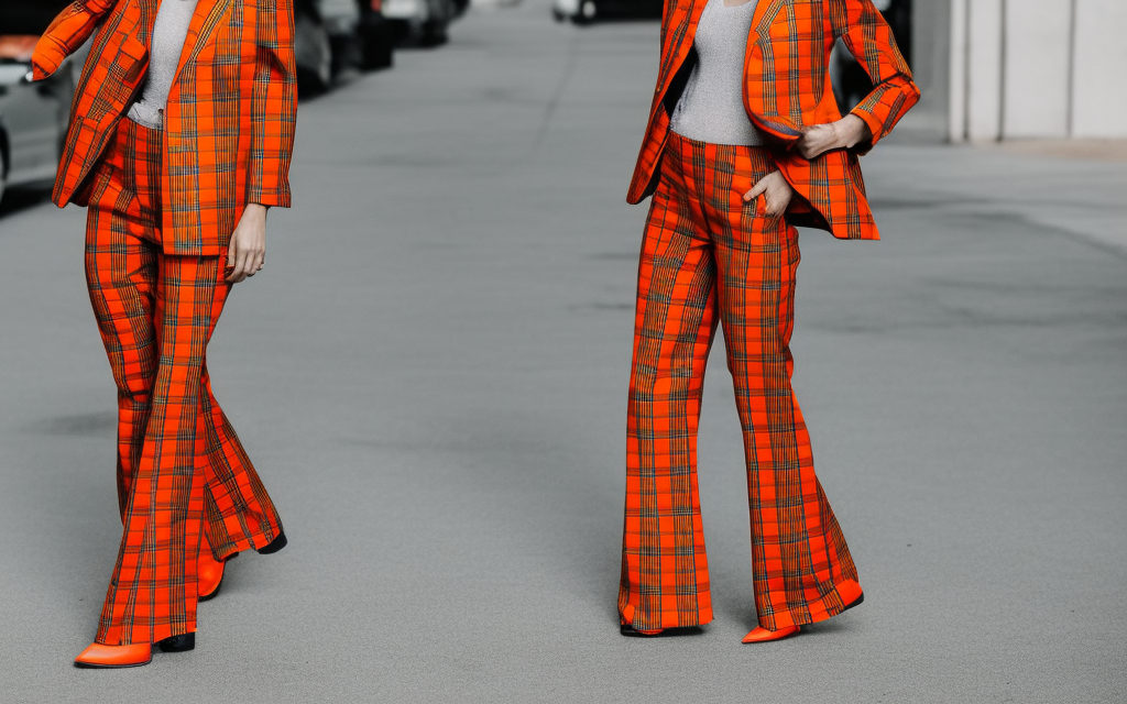 very realistic full body femaale fashion model dressed in orange plaid suit with flares and a fadora
