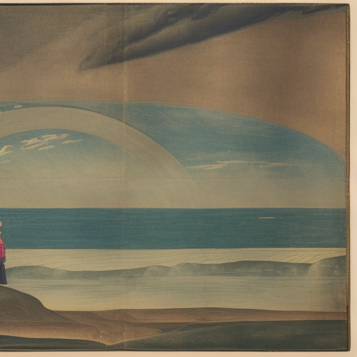 in the foreground, a woman, in the tenth plane the sea, in the third plane the clouds