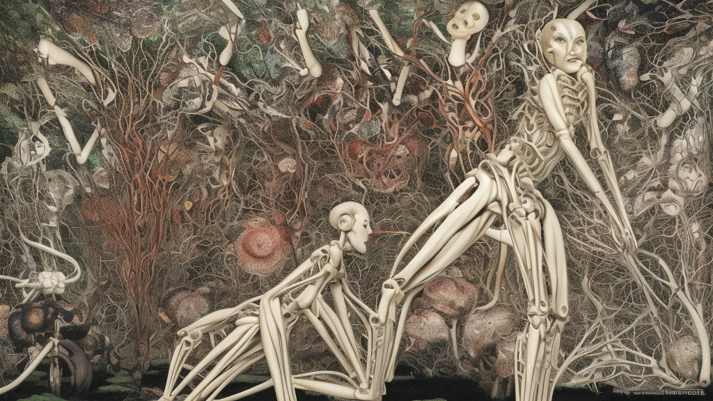 symmetric frame from Prometheus, biomechanical gaia, by Neri Oxman and alexander mcqueen metal couture editorial, in mycelium macro mushroom hanging garden by giger by utagawa kuniyoshi by Yuko Shimizu