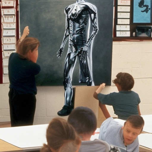 realistic photograph of the t-1000 terminator teaching an art class