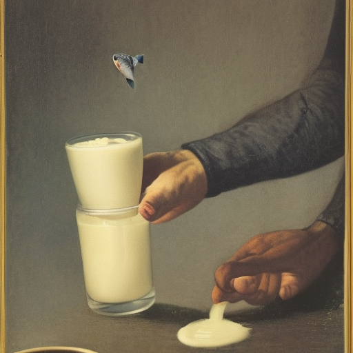 man with fish in hand makes cream in the glass