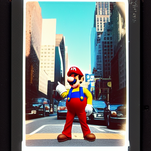 Mario from snes walking the streets of new york, photograph, polaroid