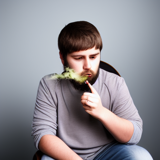 young man, chubby, short beard, short brown hair, smoking cannabis, computer chair