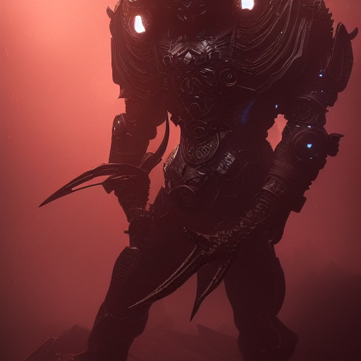 a sci fi quarter - length portrait of a shadow demon wearing ornate armor made of sci fi metal plates, cinematic lighting, high detail, dark fantasy, unreal engine, octane render, by vitaly bulgarov artstation, realistic metal reflections, fog volumes, hard surface character pinterest, vivid red glow, post processing, cgsociety