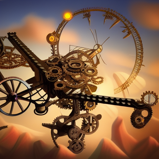 A digital illustration of a steampunk flying machine in the sky with cogs and mechanisms, 4k, detailed, trending in artstation, fantasy vivid colors”