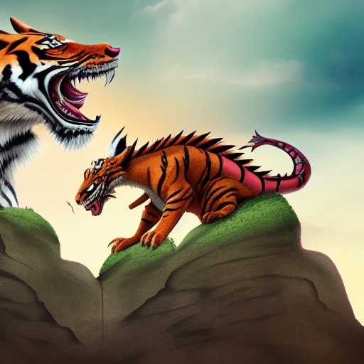 a tiger and dragon dragon next to each other on a cliff. book cover.
 Realistic