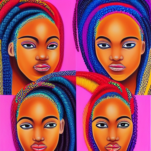 Portraits of African Women with large colourful braids generated with Canva inspired from the artwork of Ras Akyem with  different variations & features oil painting on canvas
