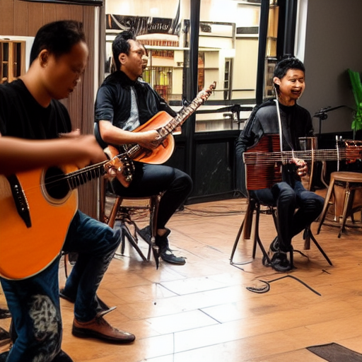 stevepiper, a malaysian acoustic band, facing backwards, playing at a cafe
