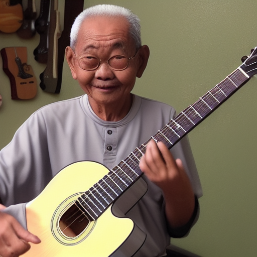 Wise old Malaysian man playing guitars 