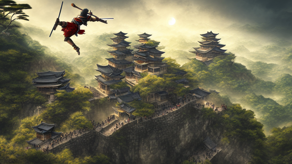 highly detailed digital illustration of shinobi warrior jumping from the roof of old, ruined, japanese fort from sengoku period, surrounded by dense rock formations, high in mountains, cinematic lighting, photobash, raytracing, volumetric lighting