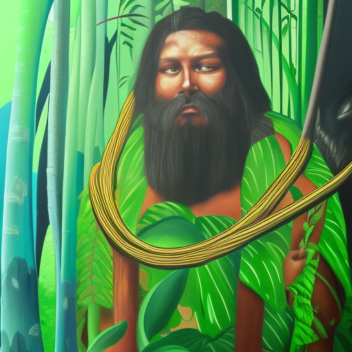 wizard wearing viridian rope in dark jungle oil, painting on canvas