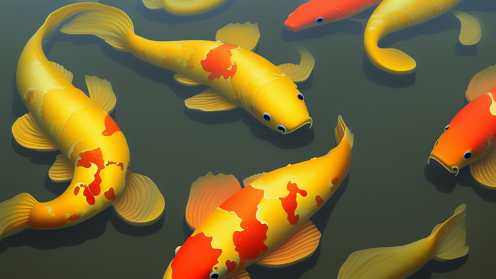 a desolate golden glowing koi! swims in magical water with caustics and volumetric lighting, photorealistic painting