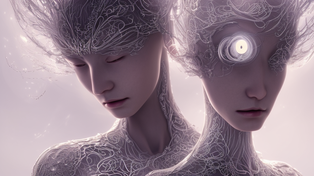 realistic photography of a beautiful cyborg androgynous humanoid, holding close, soft glowing, intricate filigree, in the style of beth cavener, jin kagetsu, wlop, highly detailed, symmetry, masterpiece, concept art, ringflash, highkey lighting, ambient lighting, octane render, 8 k, artstation