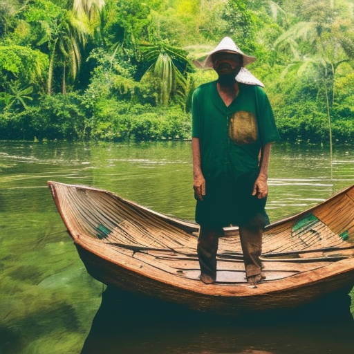 wise man wearing dark green standing on a fish in jungle boat dark