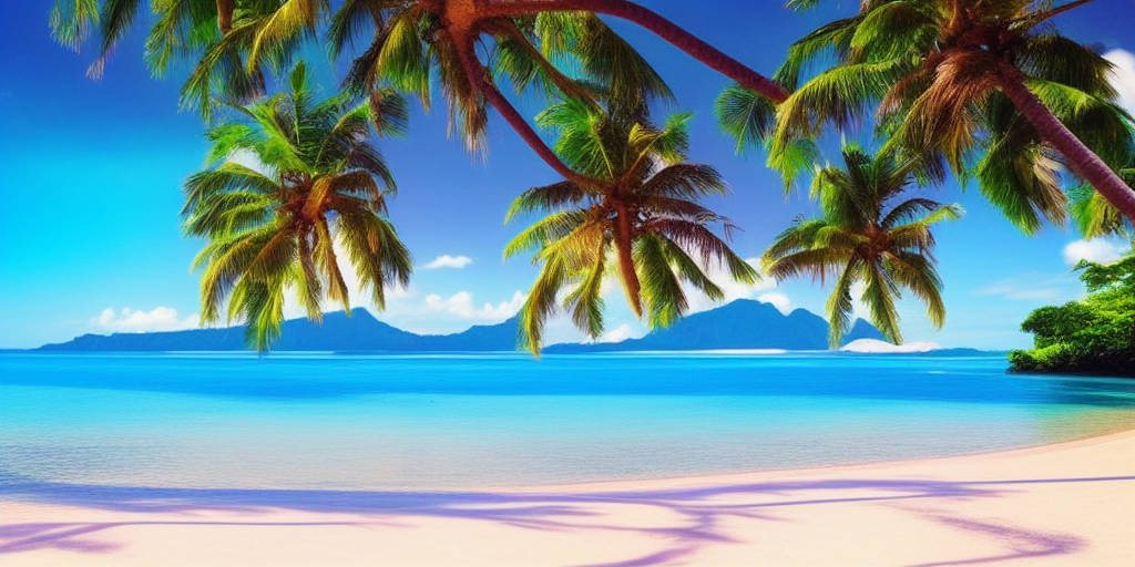 a beautiful landscape photo of a tropical beach. the sand is blue. the water is pink. the moutain is yellow. the coconut tree is purple.