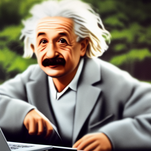 A photo of Albert Einstein using a macbook, highly detailed, trending on artstation, bokeh, 90mm, f/1.4