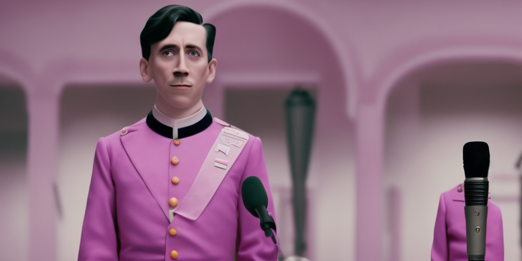 zero with an Microphone in front of the Grand Budapest Hotel